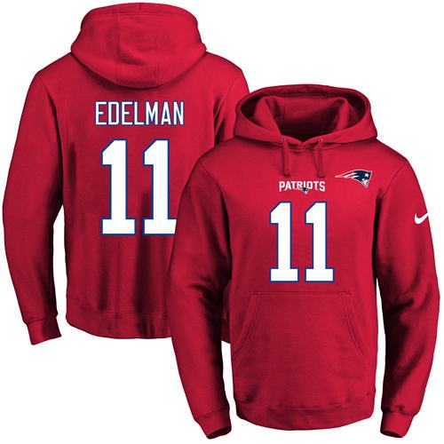 Nike Patriots #11 Julian Edelman Red Name & Number Pullover NFL Hoodie - Click Image to Close